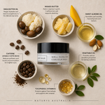 Naturys Well Aging Eye Contour Mask 30g ingredient flatlay with shea butter oil, mango butter, sweet almond oil, caffeine, vegetable oil and vitamin E on beige background with Naturys Australia watermark