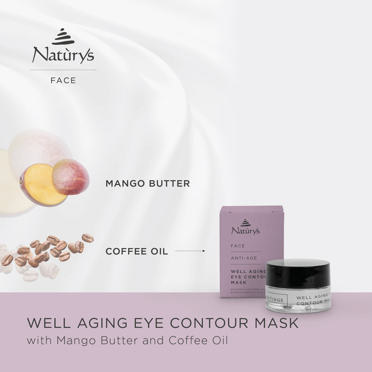 Naturys Well Aging Eye Contour Mask with mango butter and coffee oil featuring product jar and box with ingredient visuals for anti ageing eye care