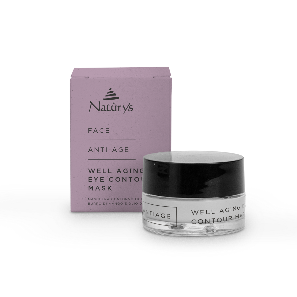 Naturys Well Aging Eye Contour Mask product jar 30ml and box for anti ageing eye treatment with mango butter and coffee oil