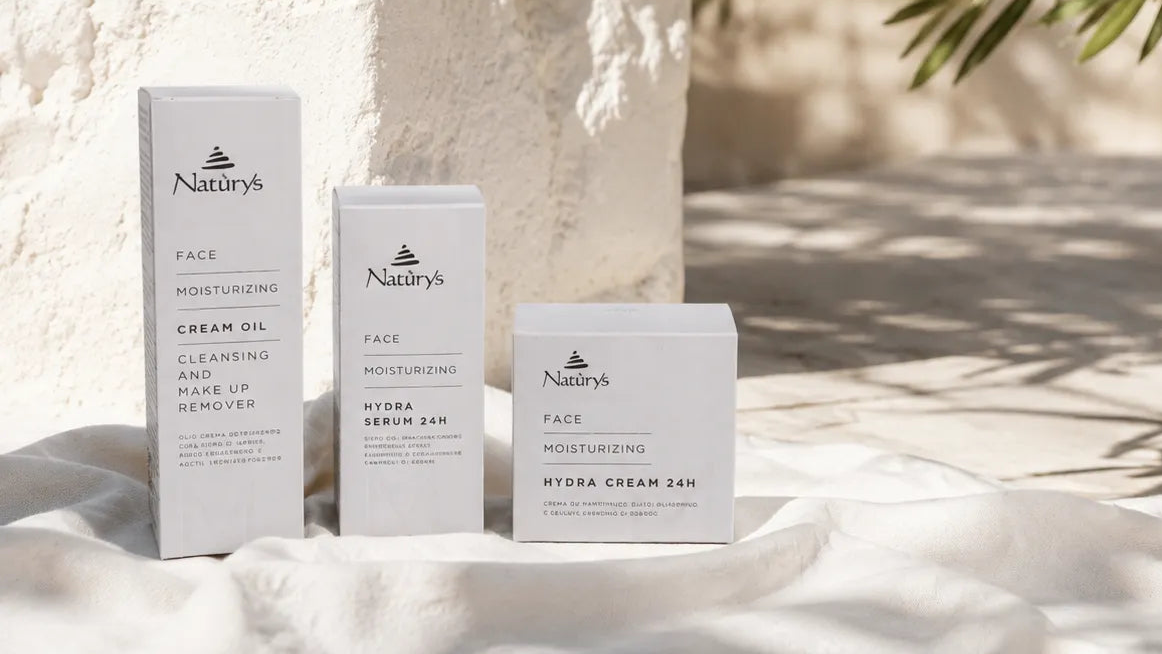 Three white skincare boxes from Naturys arranged on draped white fabric in soft outdoor light, with a textured white wall and blurred green leaves in the background.