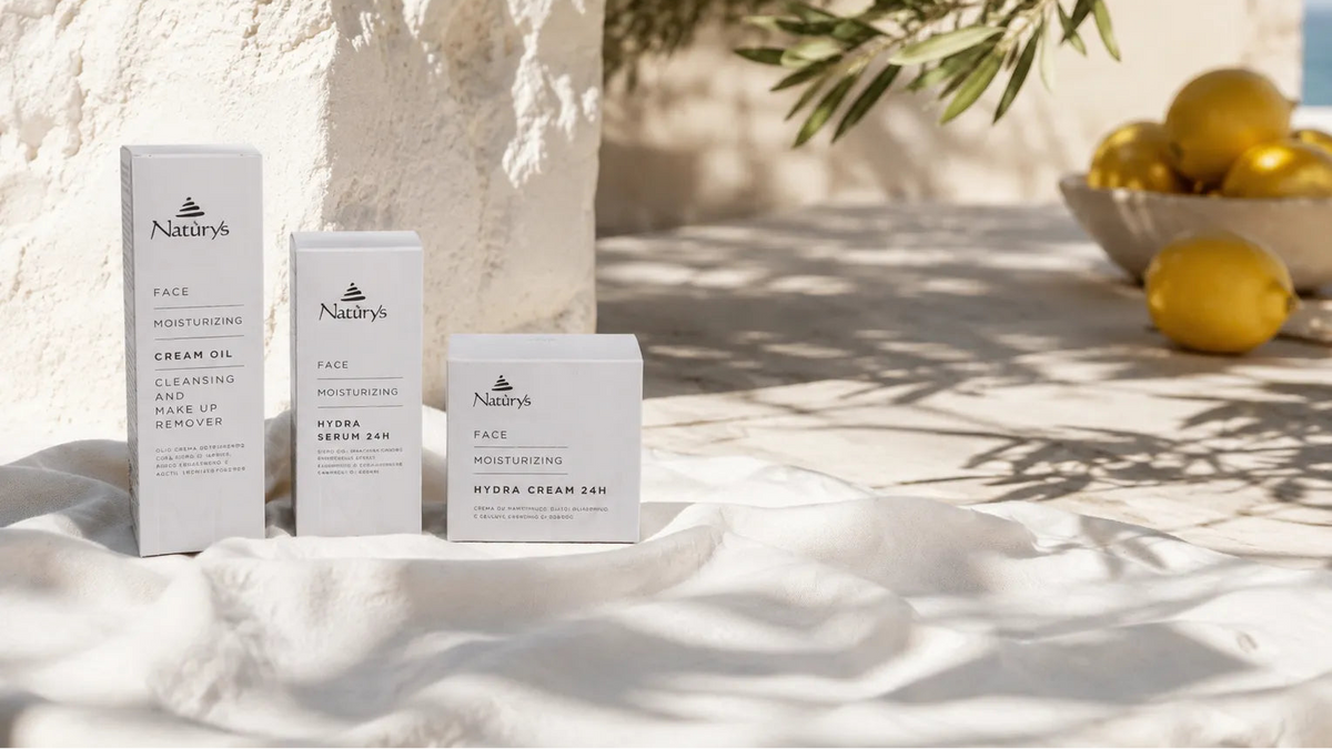 Naturys products on a white fabric outside  with lemon in bacjground