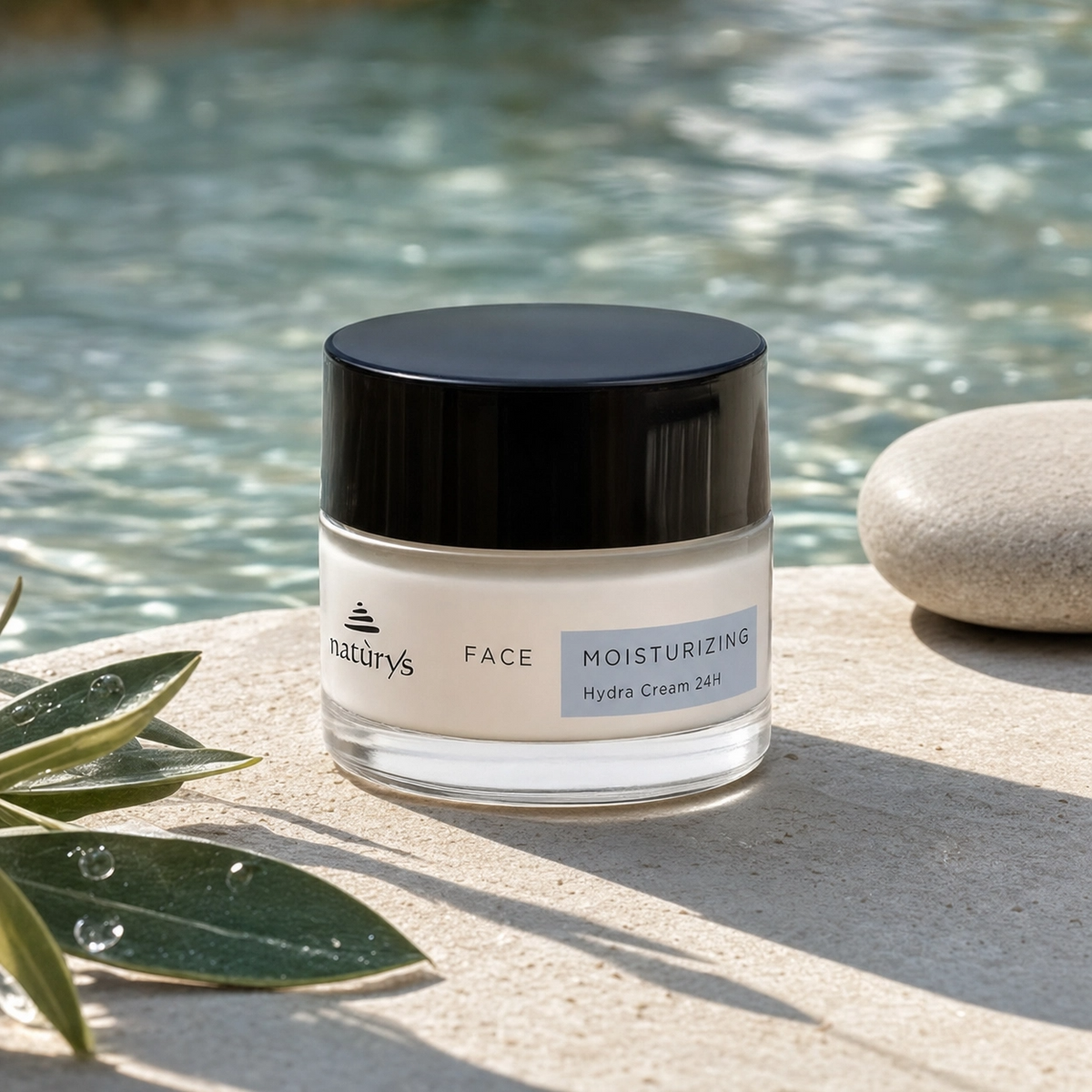NATURYS Moisturising Hydra Cream 24H - 50ml with a black lid on a stone surface near water and leaves