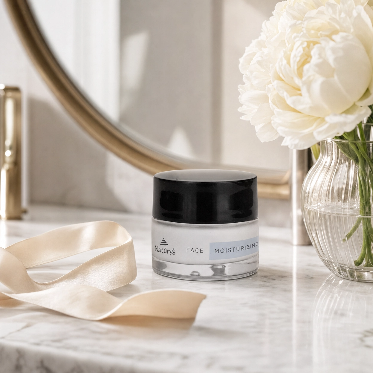 NATURYS Moisturising Hydra Cream 24H - 50ml on a marble surface with flowers and ribbon in the background