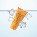 Pevonia after-sun soothing gel with ice cubes on a white background