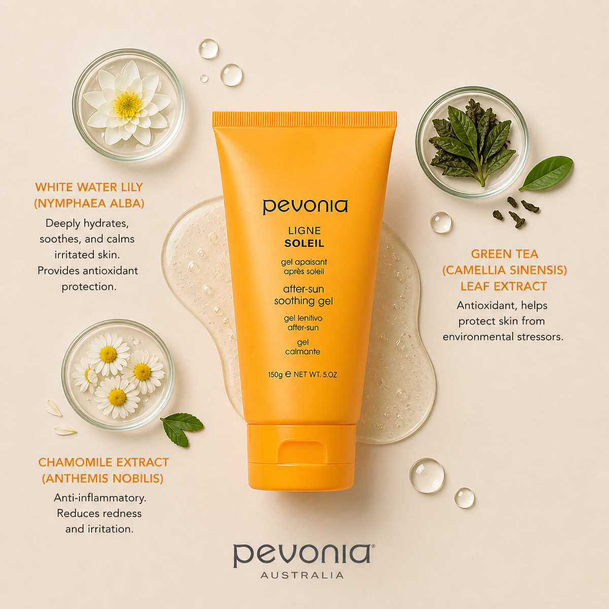 Pevonia After-Sun Soothing Gel ingredient flatlay showing white water lily, chamomile extract, and green tea around orange gel tube on neutral background