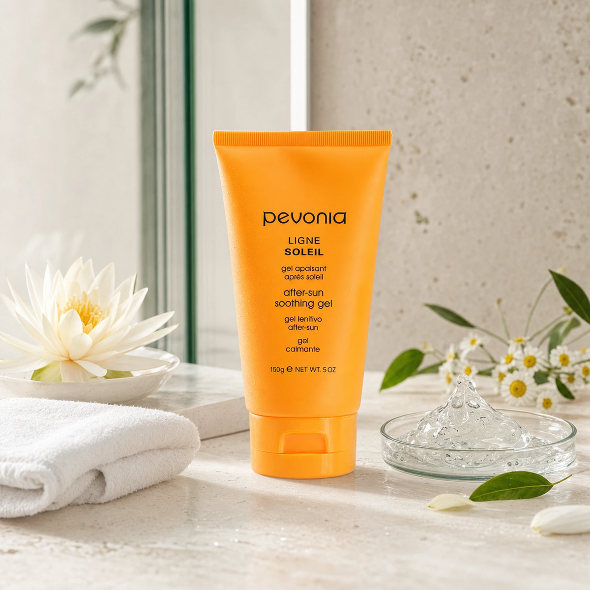 Pevonia After Sun Soothing Gel 150ml on a luxury bathroom vanity for sun-exposed and irritated skin