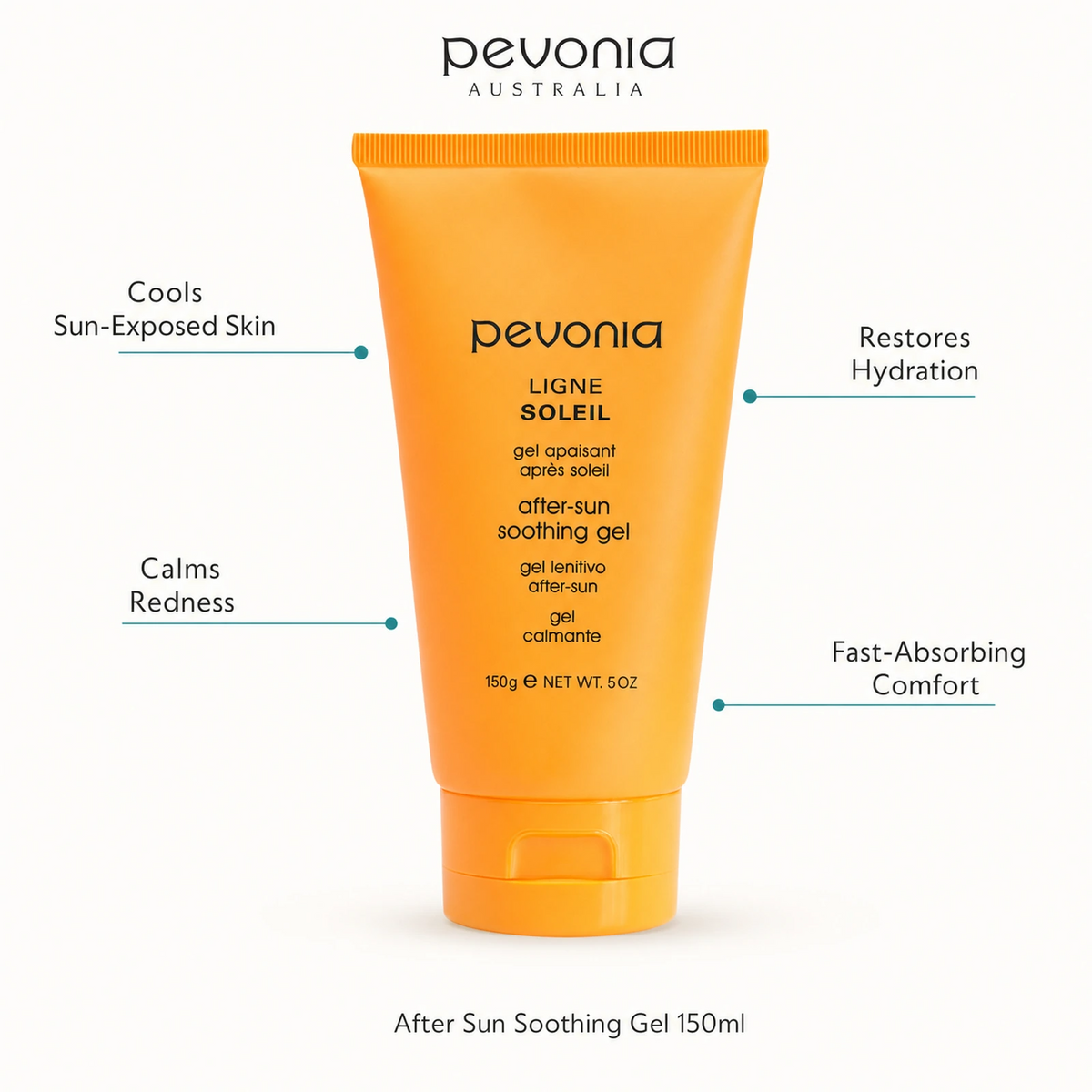 Pevonia After Sun Soothing Gel 150ml with benefits for cooling relief, redness, hydration and fast-absorbing comfort