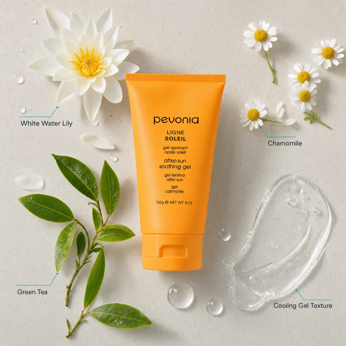 Pevonia After Sun Soothing Gel 150ml ingredient flatlay with White Water Lily, Chamomile, Green Tea and cooling gel texture
