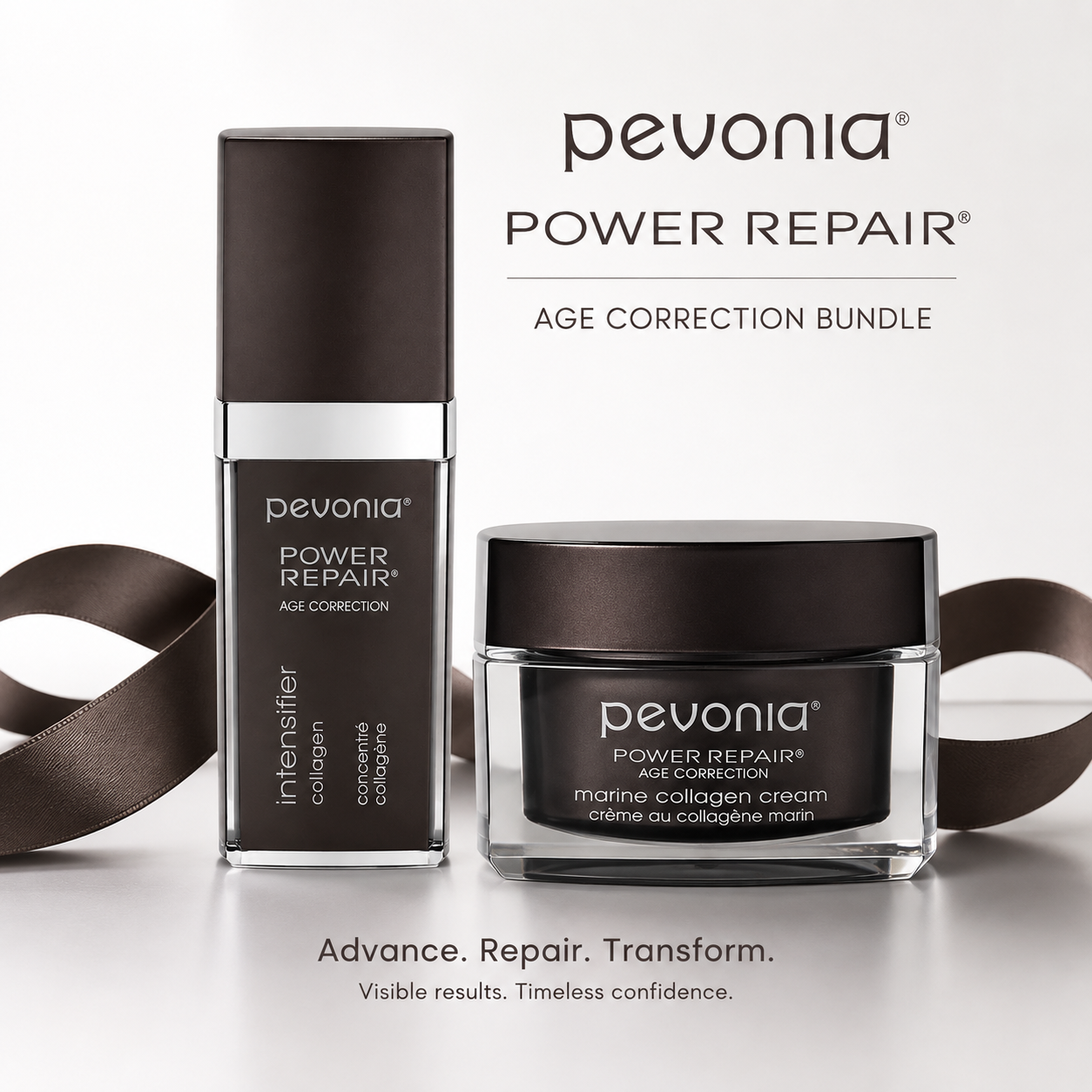 Pevonia Power Repair Age Correction Bundle featuring an intensifier collagen serum and a marine collagen cream jar, both in dark brown and clear packaging with a dark brown ribbon, on a light gray background.