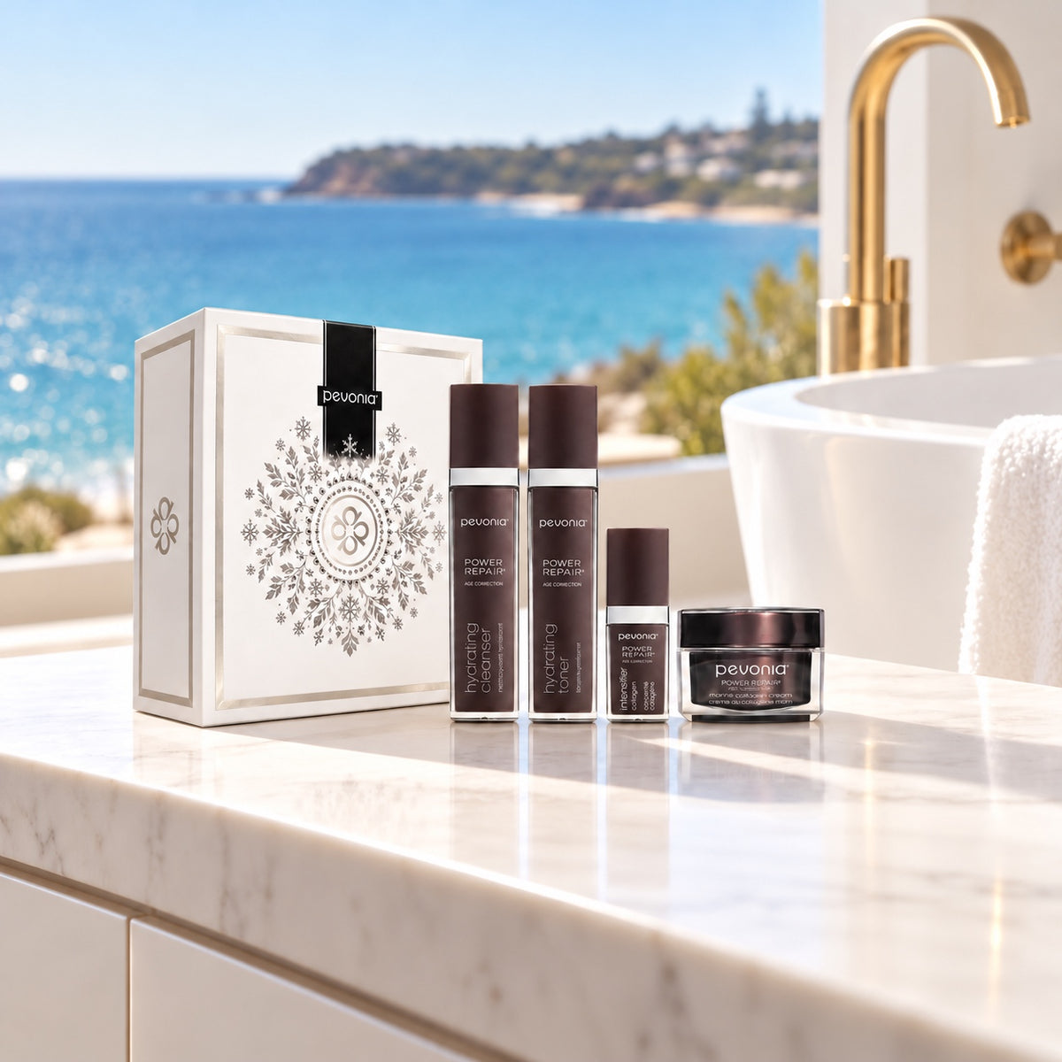 PEVONIA AGE CORRECTION COLLAGEN GIFT BOX in an Australian summer Christmas setting. File: pevonia-age-correction-collagen-gift-box-australian-summer-2026.jpg