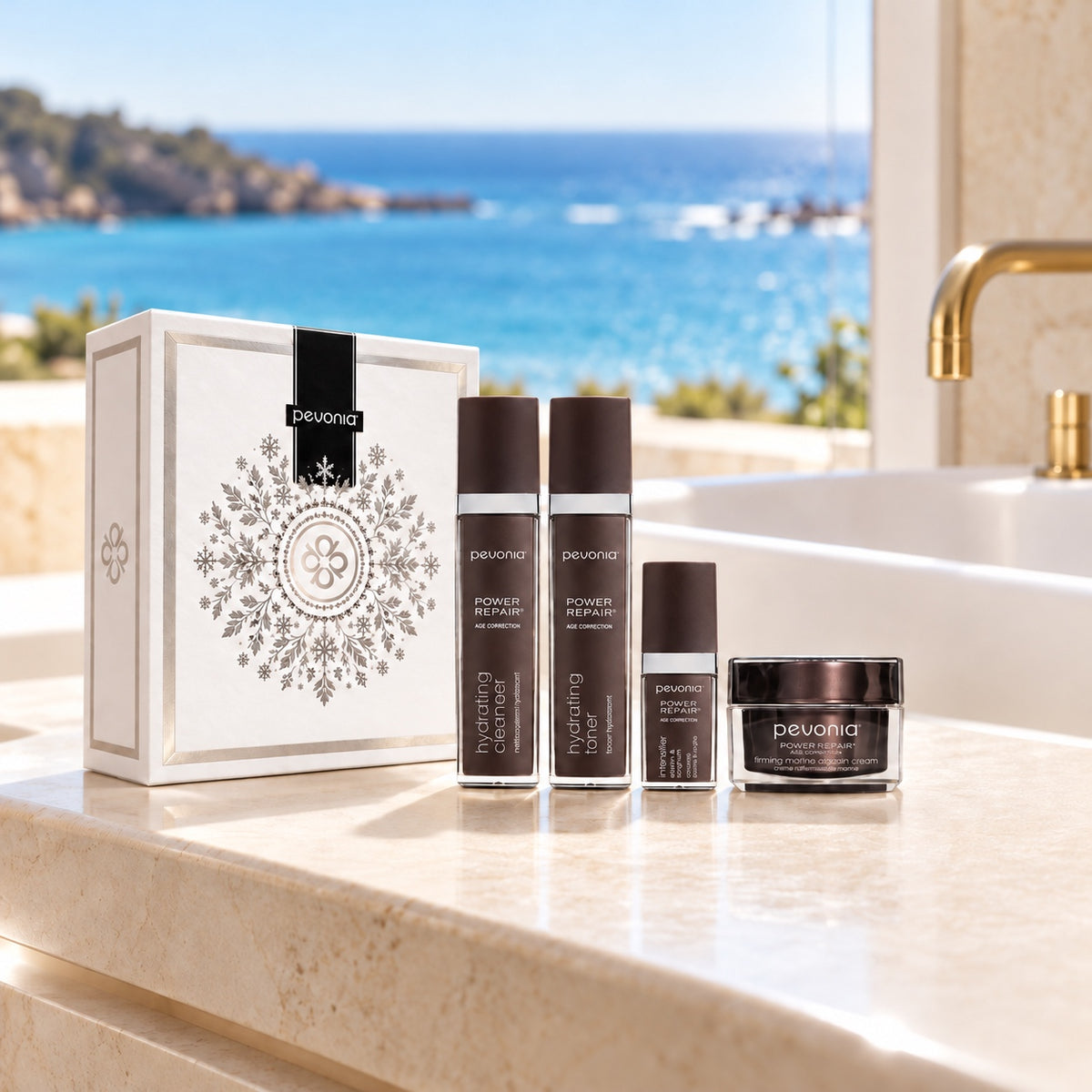 PEVONIA AGE CORRECTION ELASTIN GIFT BOX in an Australian summer Christmas setting. File: pevonia-age-correction-elastin-gift-box-australian-summer-2026.jpg