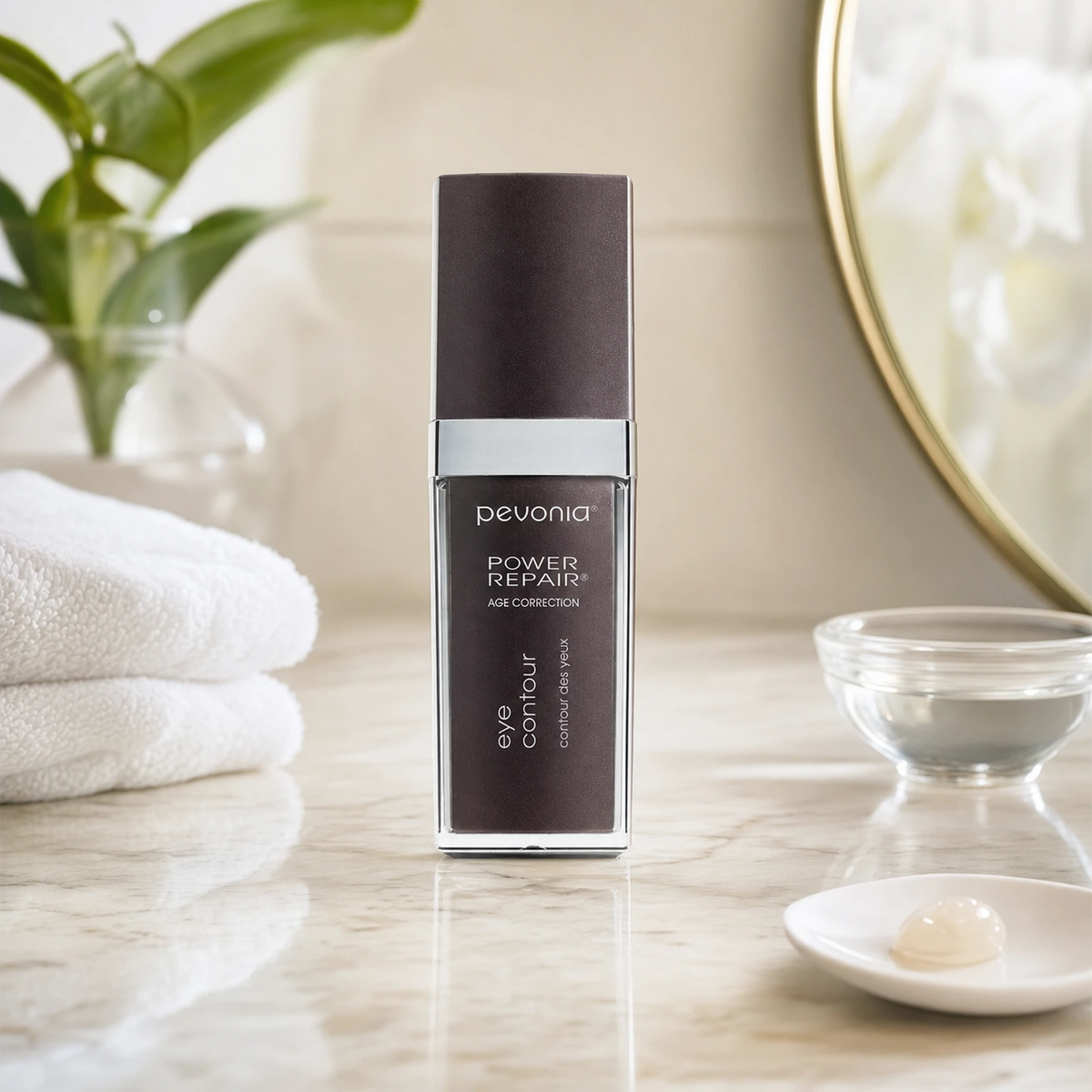 Pevonia Age Correction Eye Contour 30ml on a luxury bathroom vanity for puffiness, dark circles and fine lines