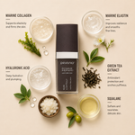 Pevonia Power Repair Age Correction Eye Contour ingredient flatlay featuring marine collagen, marine elastin, green tea extract, hyaluronic acid and squalane arranged around the eye contour bottle on a soft neutral background
