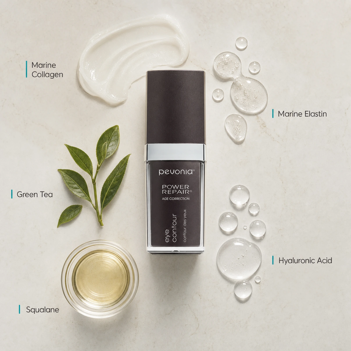 Pevonia Age Correction Eye Contour 30ml ingredient flatlay with Marine Collagen, Marine Elastin, Green Tea, Hyaluronic Acid and Squalane