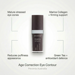 Pevonia Power Repair Eye Contour serum bottle with connector lines to product information on a grey background 30ml for end consumer use