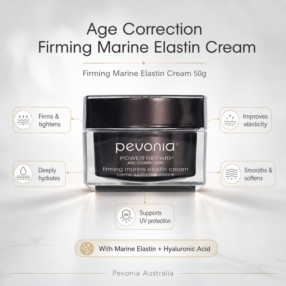 Pevonia Age Correction Firming Marine Elastin Cream 50g with callout benefits including firms and tightens, deeply hydrates, improves elasticity, smooths and softens, supports UV protection, with Marine Elastin and Hyaluronic Acid, plus Pevonia Australia watermark.