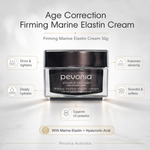Pevonia Age Correction Firming Marine Elastin Cream 50g with callout benefits including firms and tightens, deeply hydrates, improves elasticity, smooths and softens, supports UV protection, with Marine Elastin and Hyaluronic Acid, plus Pevonia Australia watermark.