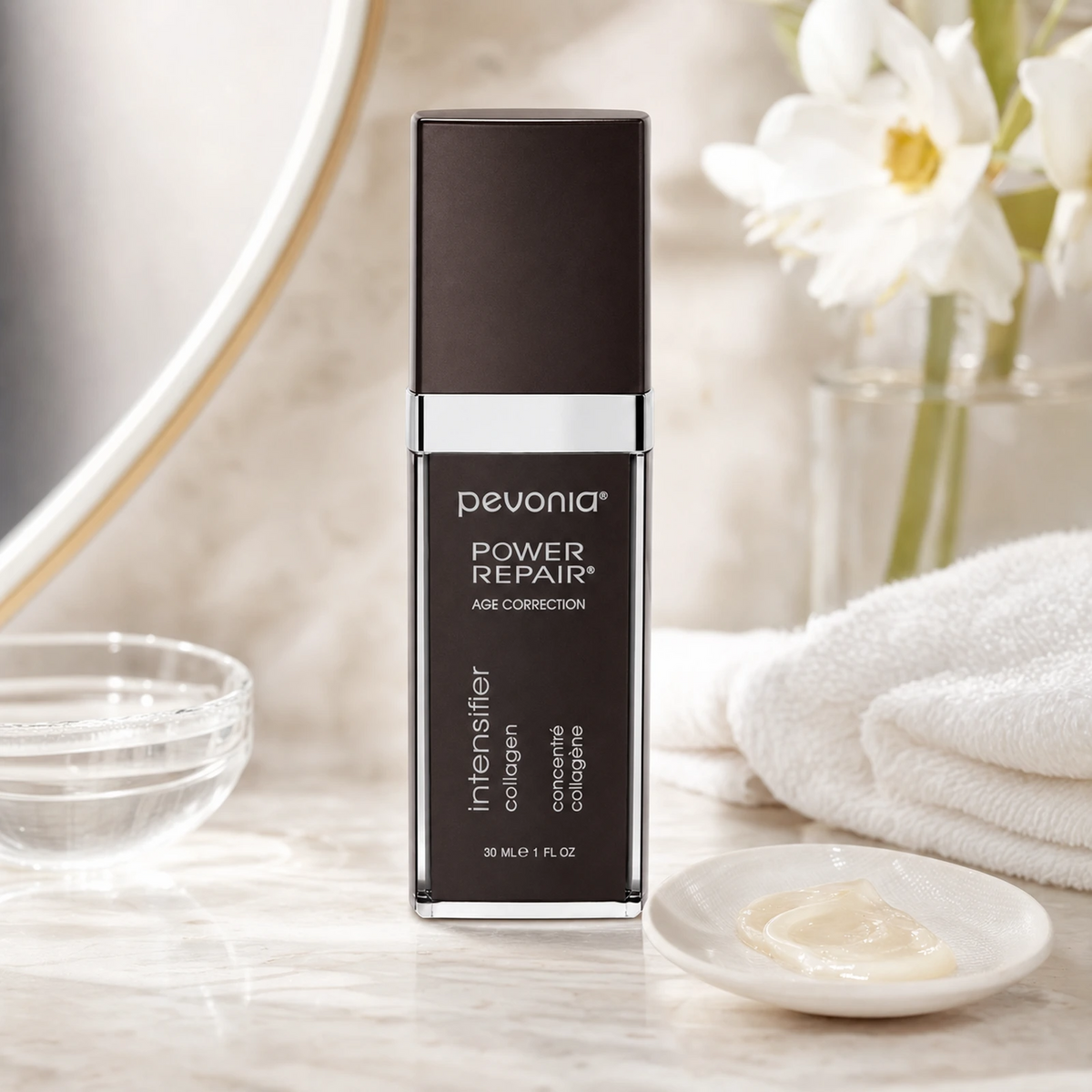 Pevonia Age Correction Intensifier Collagen 30ml on a luxury bathroom vanity for fine lines, wrinkles and mature skin