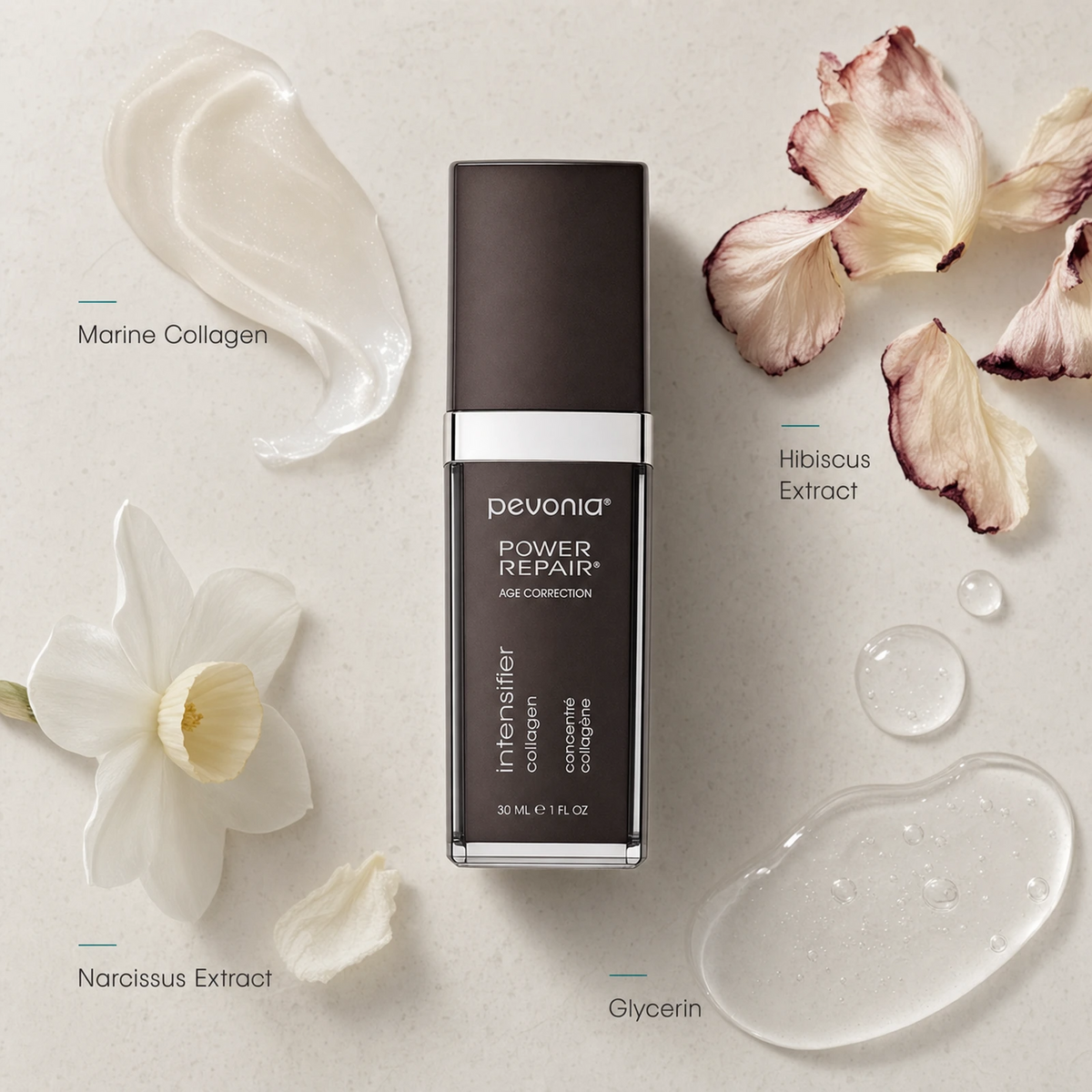 Pevonia Age Correction Intensifier Collagen 30ml ingredient flatlay with Marine Collagen, Hibiscus Extract, Narcissus Extract and Glycerin