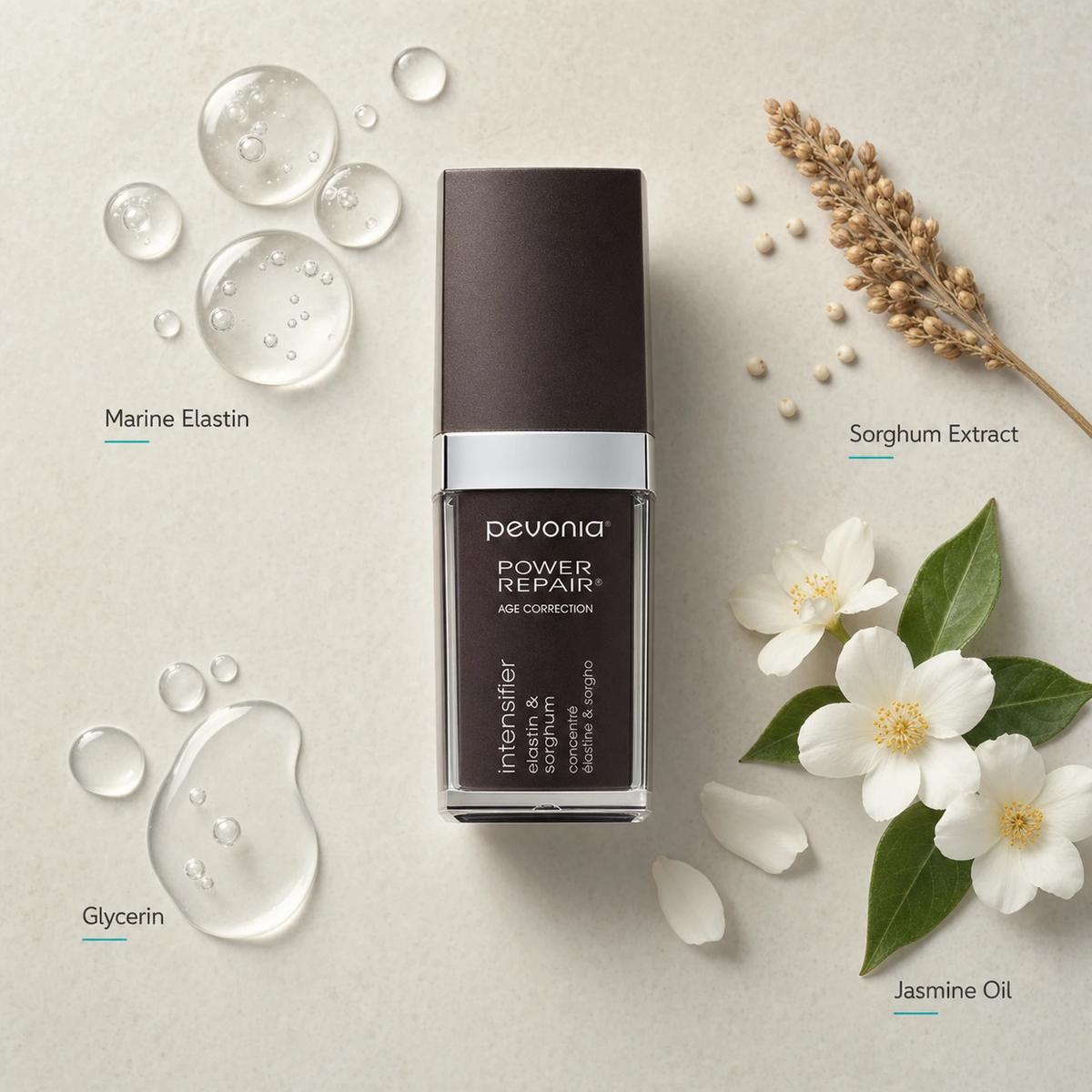Pevonia Age Correction Intensifier Elastin and Sorghum 30ml ingredient flatlay with Marine Elastin, Sorghum Extract, Glycerin and Jasmine Oil