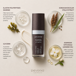 Pevonia Age Correction Intensifier Elastin & Sorghum ingredient flatlay showing marine elastin polypeptides, sorghum extract, glycerin, and jasmine oil arranged around serum bottle on neutral background