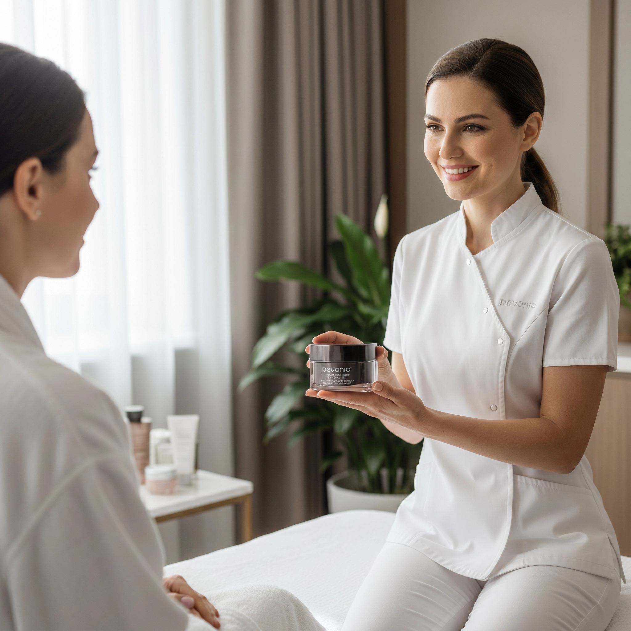 Skincare therapist presenting Pevonia Age Correction Marine Collagen Cream during a professional client consultation in a spa treatment room.
