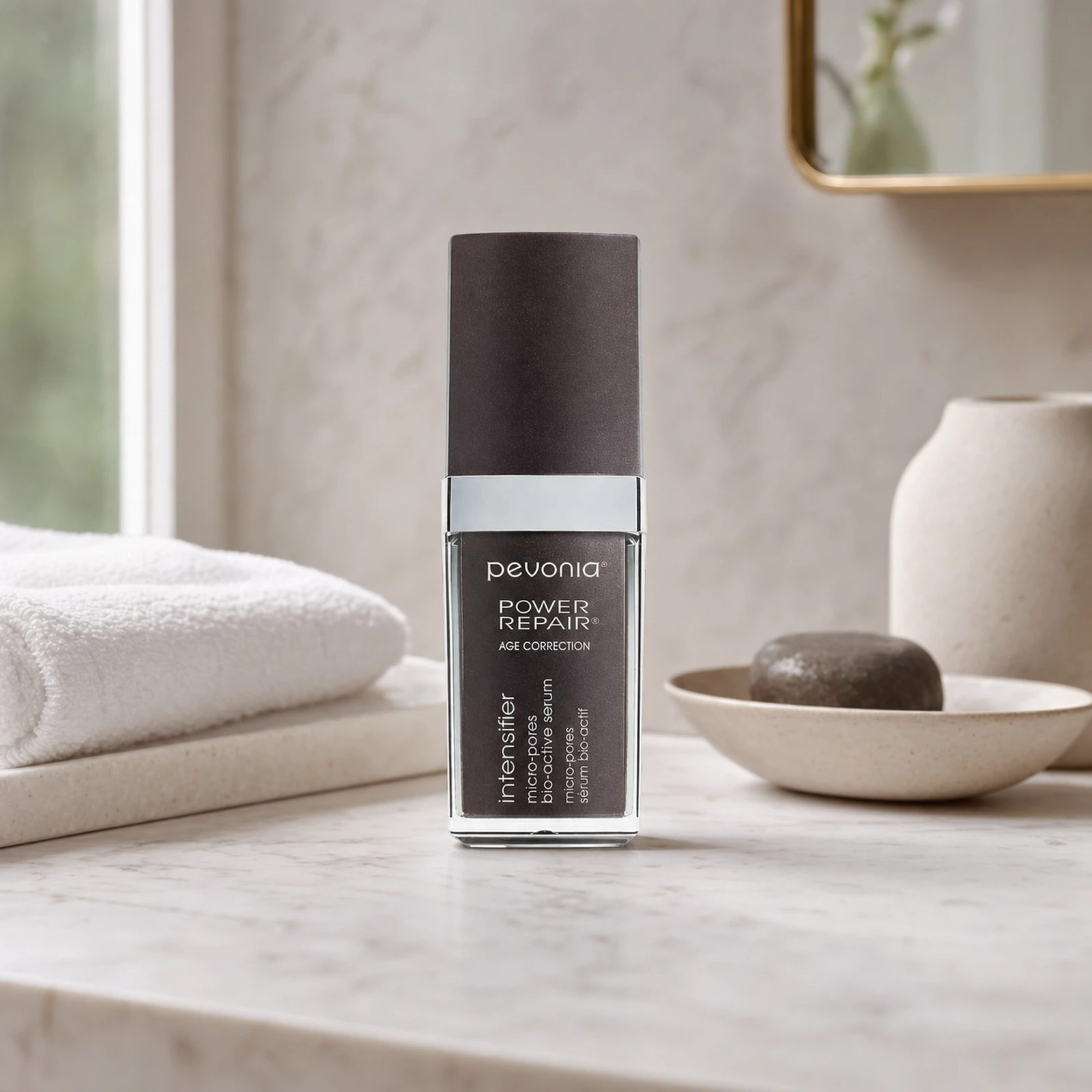 Pevonia Age Correction Micro-Pores Bio-Active Serum 30ml on a luxury bathroom vanity for enlarged pores, oily skin and uneven texture