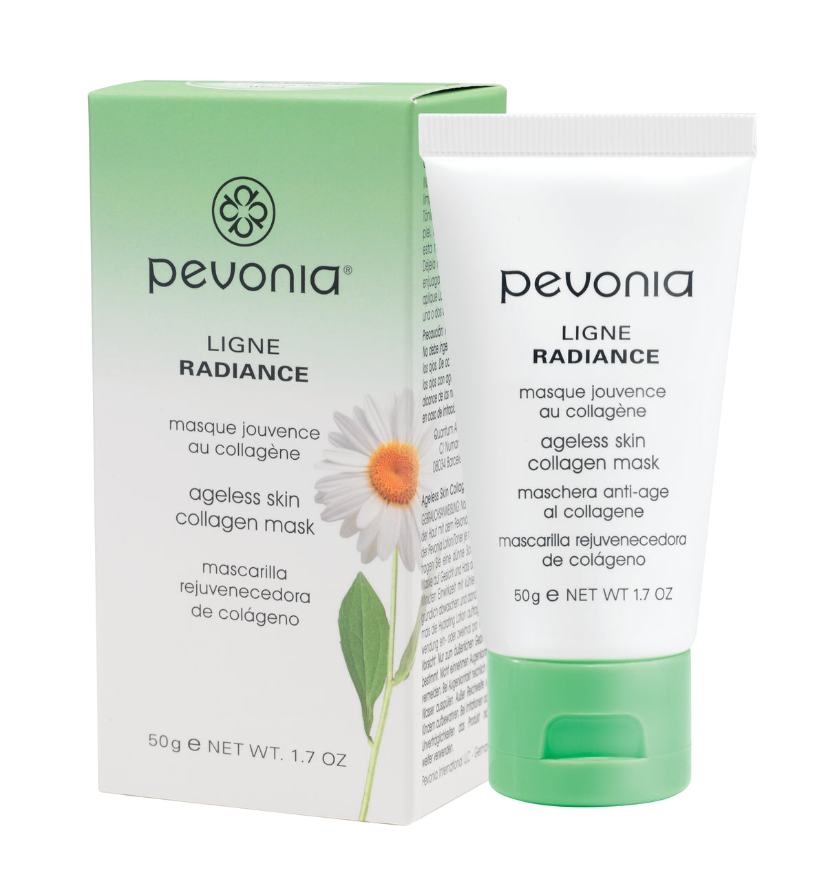 Pevonia Ageless Skin Collagen Mask packaging and tube with green, white, and yellow colors featuring a flower image and product information.
