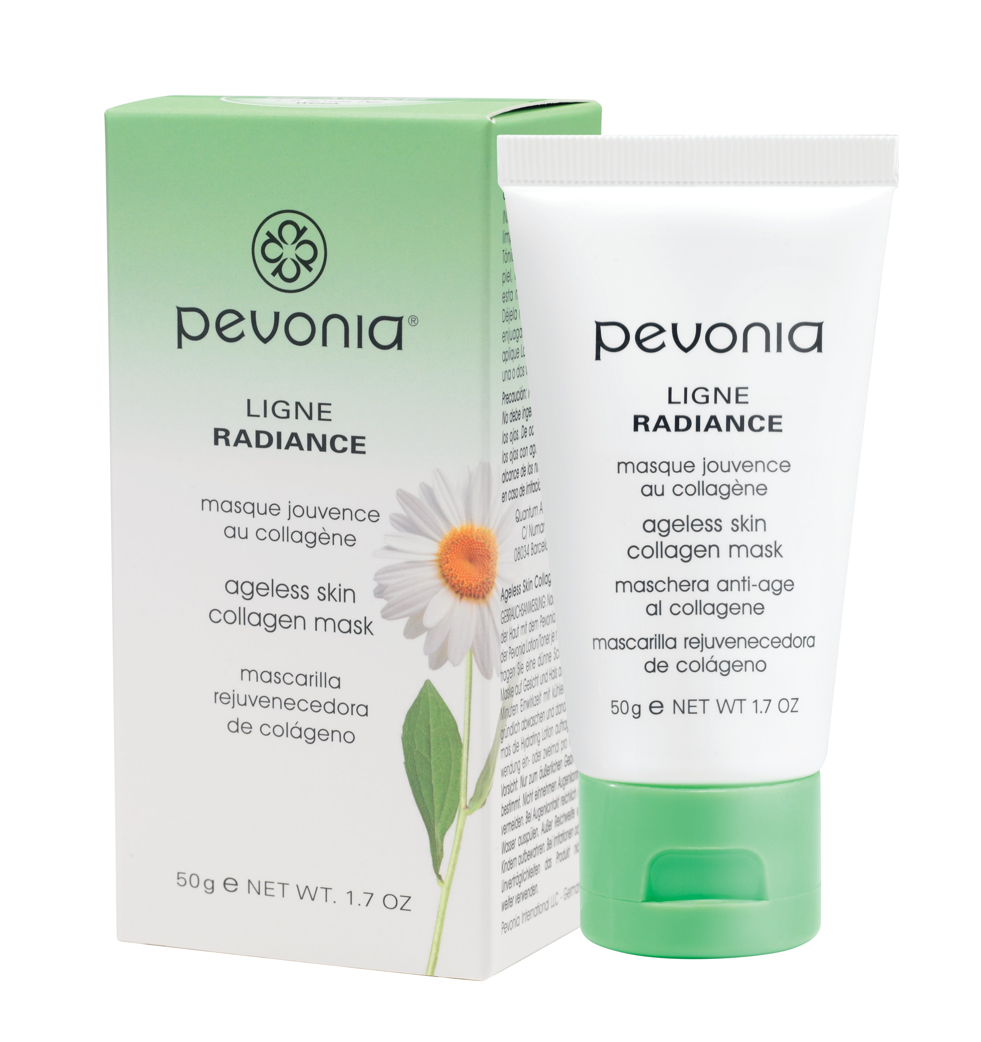 Pevonia Ageless Skin Collagen Mask packaging and tube with green, white, and yellow colors featuring a flower image and product information.