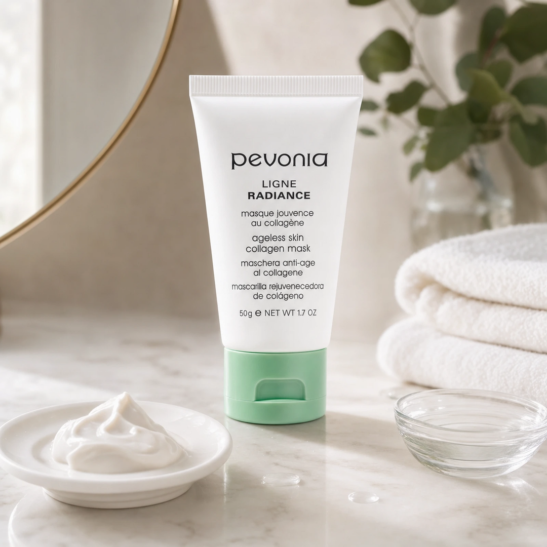 Pevonia Ageless Skin Collagen Mask 50ml on a luxury bathroom vanity for mature, dull and tired skin