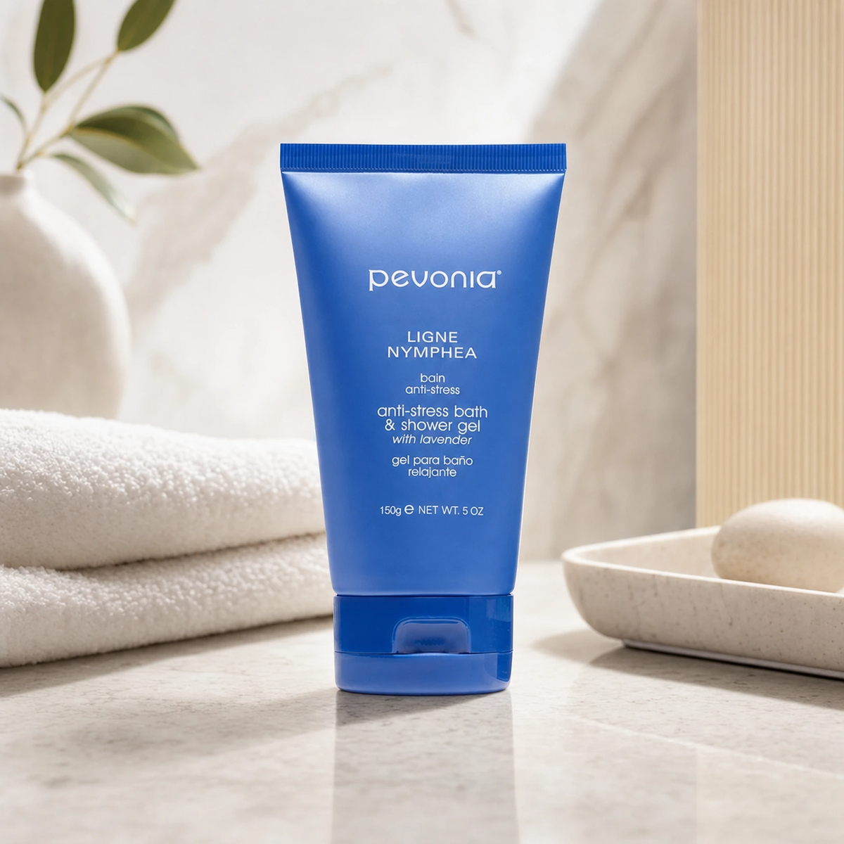 Pevonia Anti-Stress Bath & Shower Gel 150ml on a luxury bathroom vanity for relaxation, gentle cleansing and soft skin