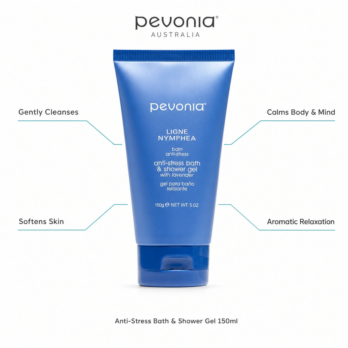 Pevonia Anti-Stress Bath & Shower Gel 150ml with benefits for gentle cleansing, calming body and mind, soft skin and aromatic relaxation