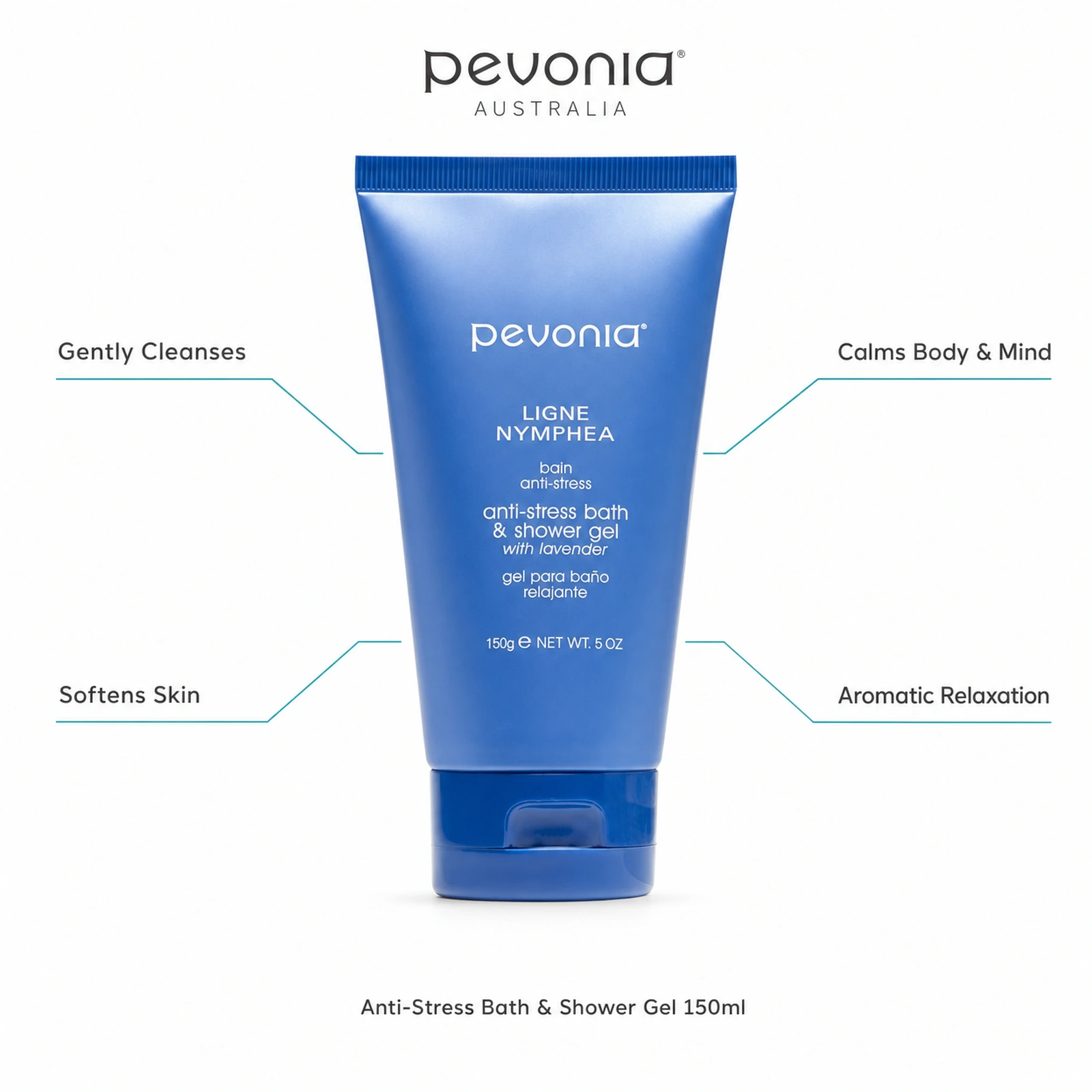 Pevonia Anti-Stress Bath & Shower Gel 150ml with benefits for gentle cleansing, calming body and mind, soft skin and aromatic relaxation