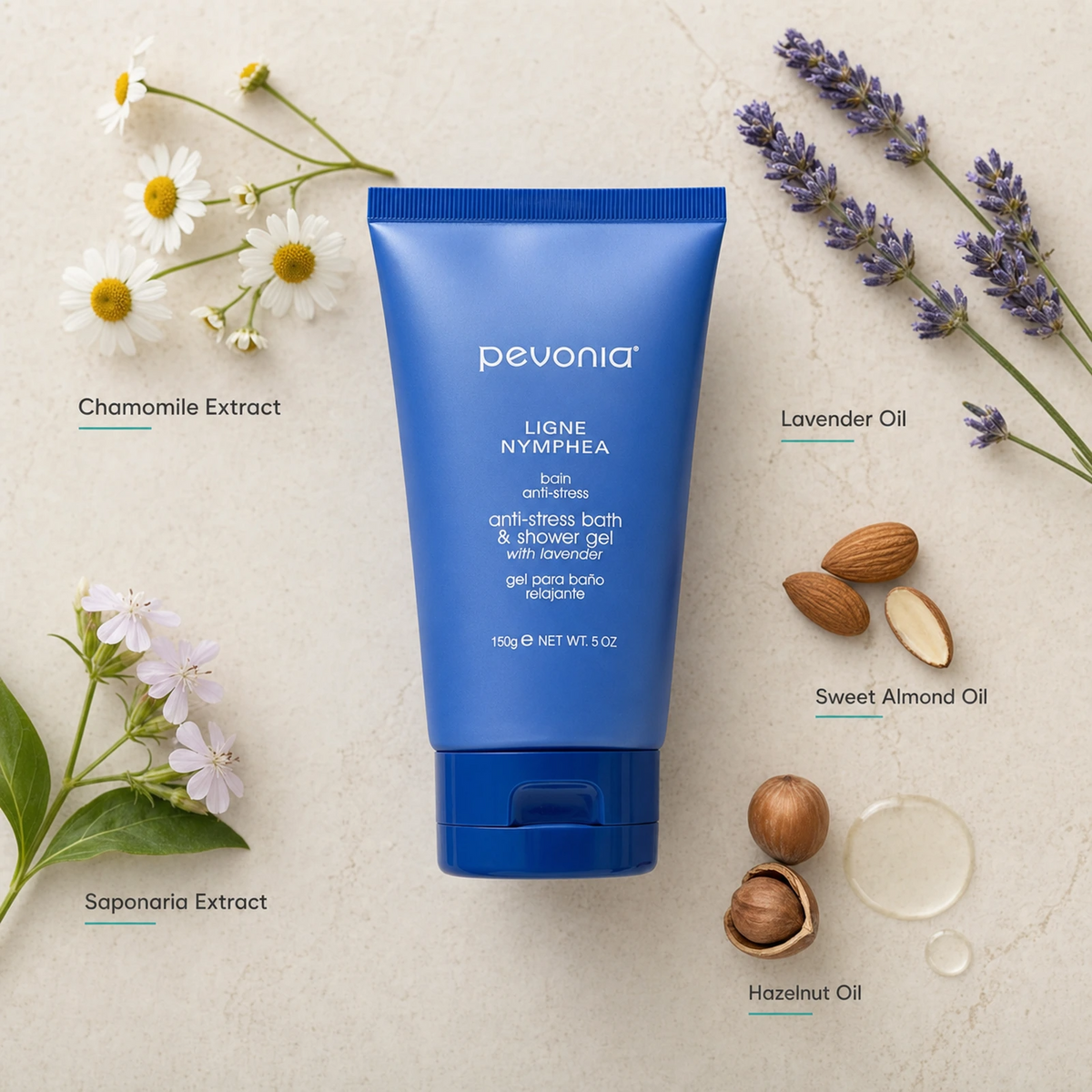 Pevonia Anti-Stress Bath & Shower Gel 150ml ingredient flatlay with Chamomile Extract, Lavender Oil, Saponaria Extract, Sweet Almond Oil and Hazelnut Oil