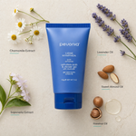 Pevonia Anti-Stress Bath & Shower Gel 150ml ingredient flatlay with Chamomile Extract, Lavender Oil, Saponaria Extract, Sweet Almond Oil and Hazelnut Oil