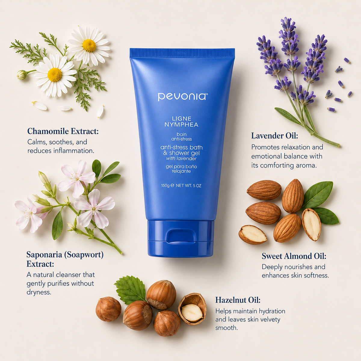 Pevonia Anti-Stress Bath & Shower Gel ingredient flatlay featuring chamomile extract, lavender oil, saponaria extract, sweet almond oil and hazelnut oil arranged around product on a soft neutral background