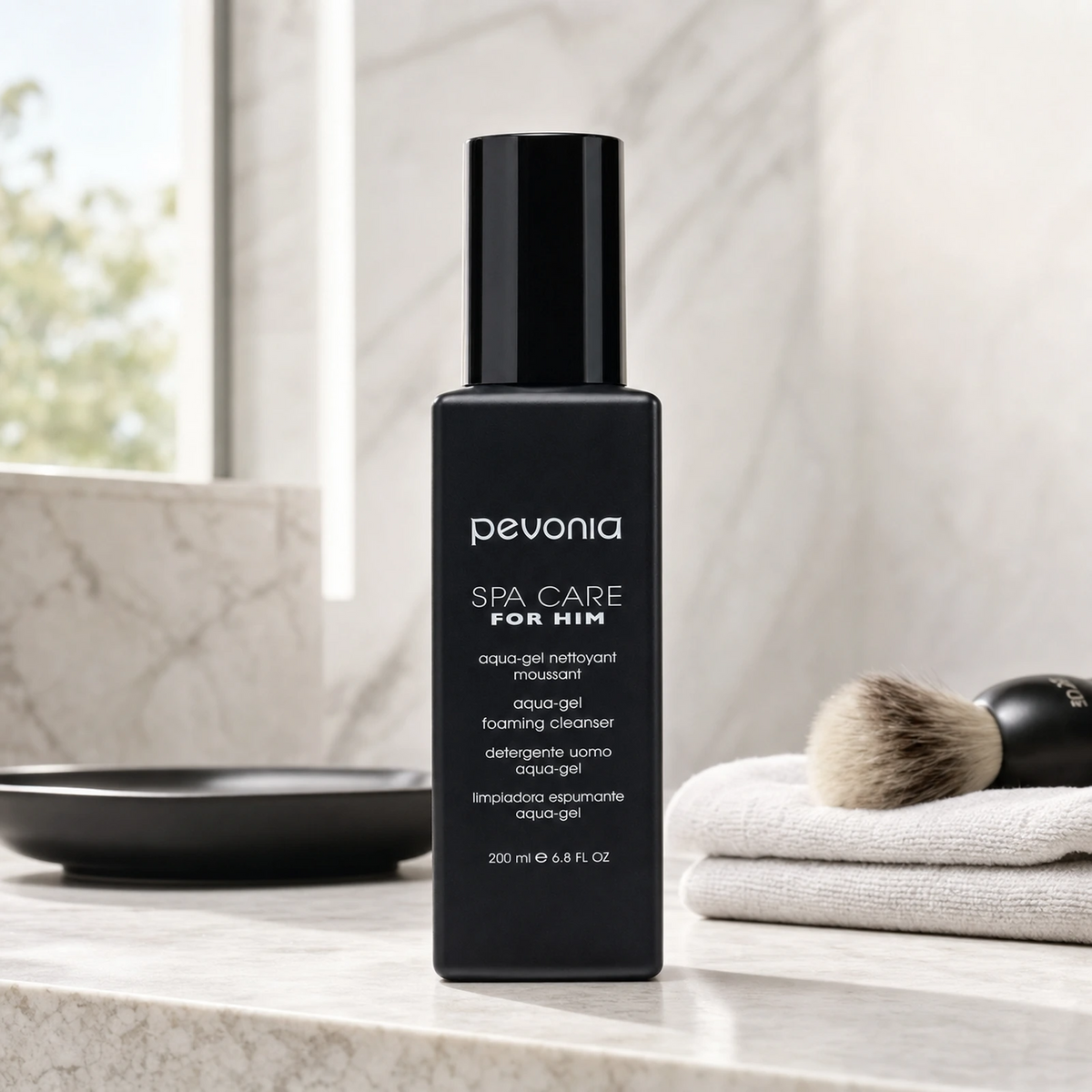 Pevonia Aqua-Gel Foaming Cleanser 200ml on a luxury bathroom vanity for men's daily cleansing and post-workout skin refresh
