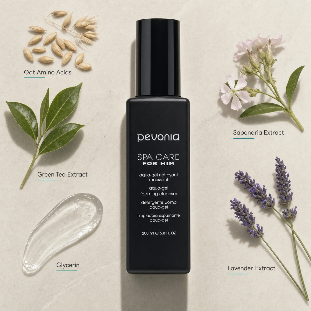Pevonia Aqua-Gel Foaming Cleanser 200ml ingredient flatlay with Oat Amino Acids, Green Tea Extract, Saponaria Extract, Glycerin and Lavender Extract