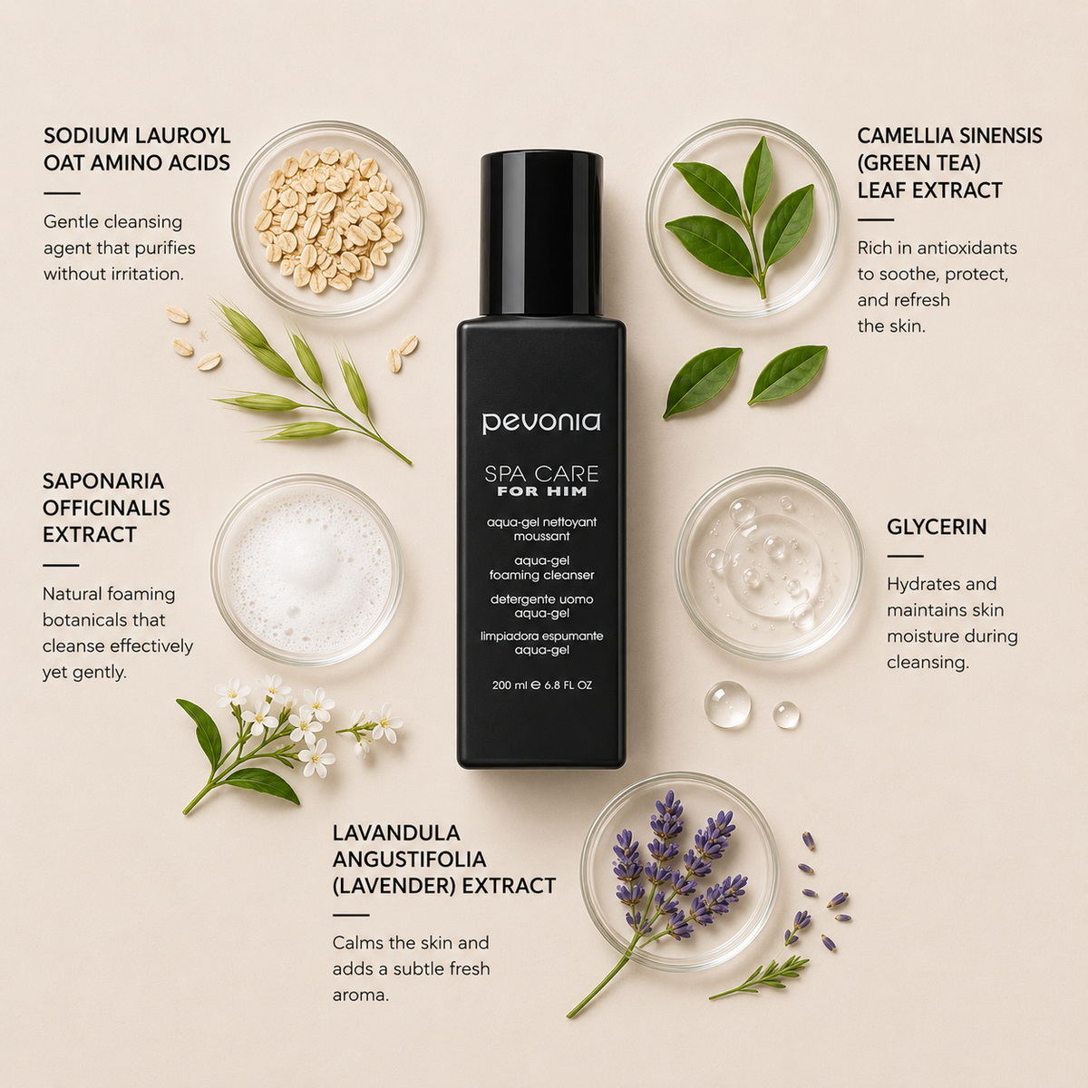 Pevonia Aqua-Gel Foaming Cleanser ingredient flatlay featuring sodium lauroyl oat amino acids, green tea leaf extract, saponaria officinalis extract, glycerin and lavender extract arranged around product on a soft neutral background