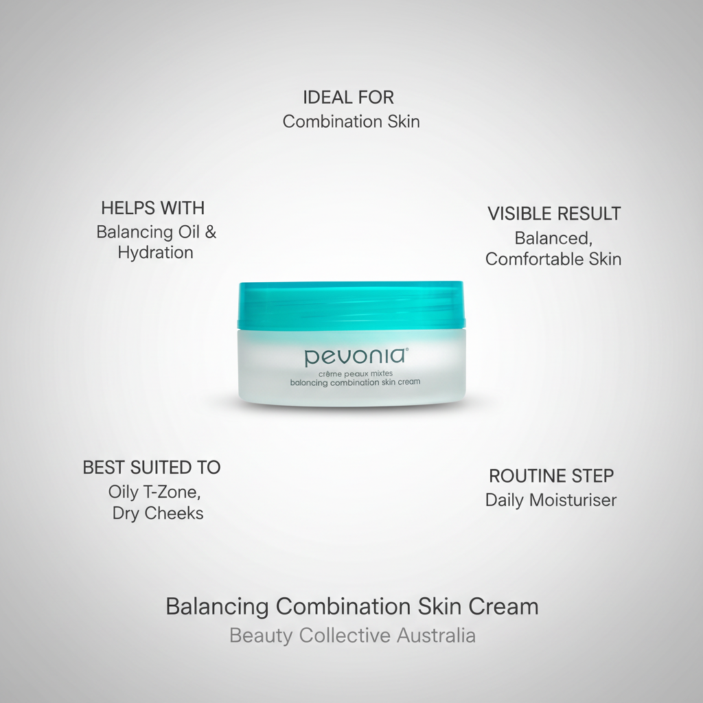 Pevonia Balancing Combination Skin Cream jar with product benefits on a gray background