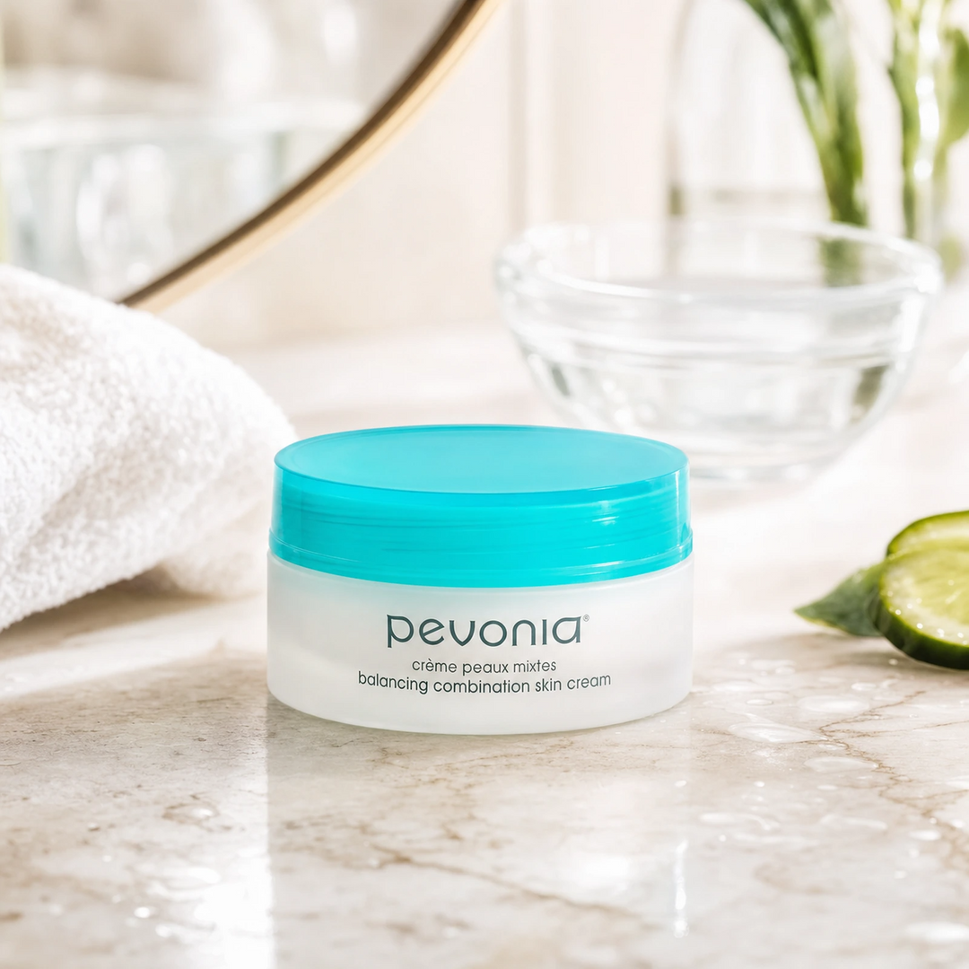 Pevonia Balancing Combination Skin Cream 50ml on a luxury bathroom vanity for combination and mildly oily skin