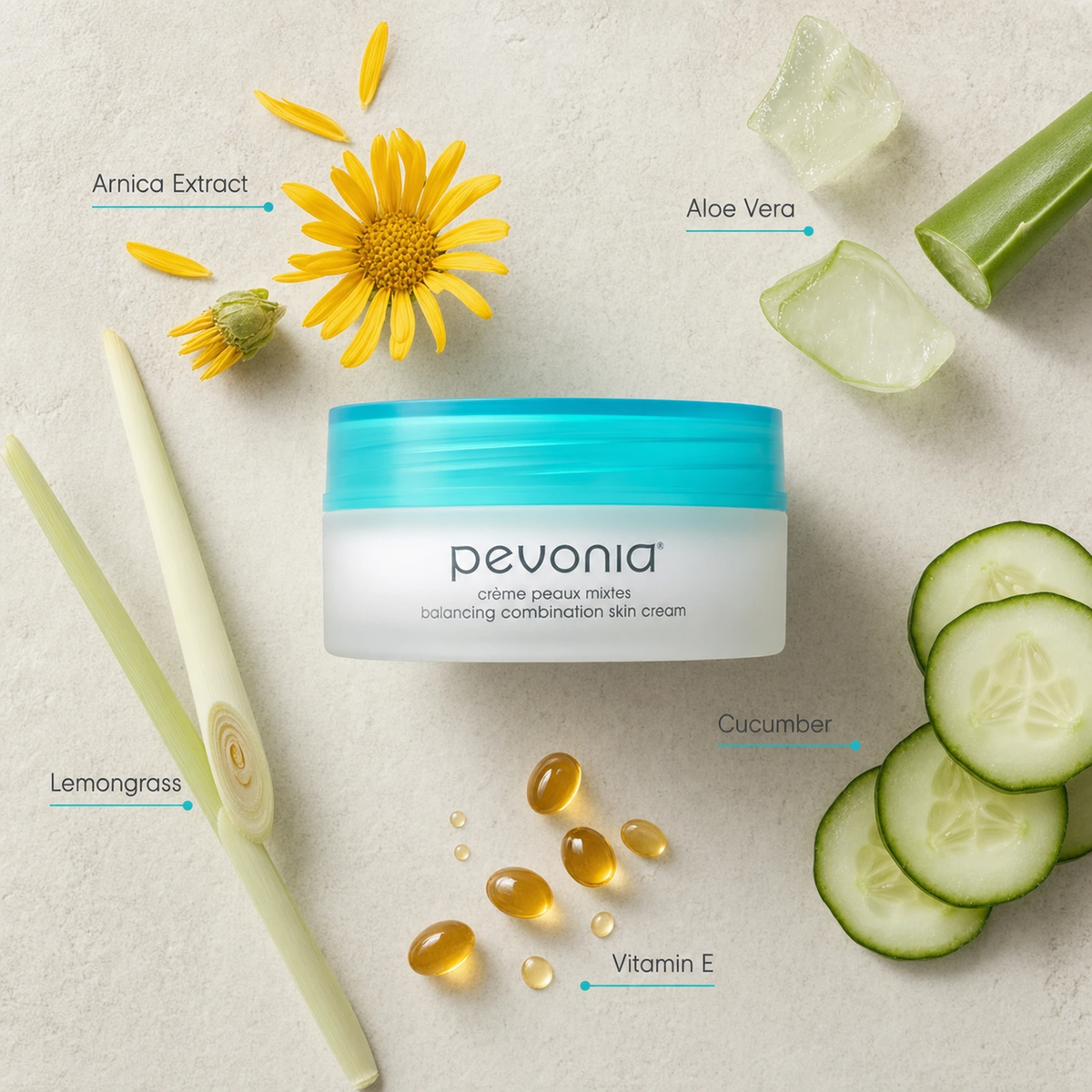 Pevonia Balancing Combination Skin Cream 50ml ingredient flatlay with Arnica Extract, Aloe Vera, Lemongrass, Cucumber and Vitamin E
