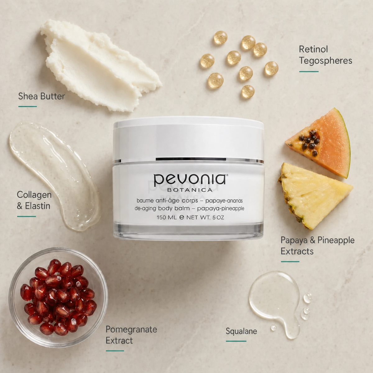 Pevonia Body Balm Papaya-Pineapple 150ml ingredient flatlay with Shea Butter, Retinol Tegospheres, Collagen and Elastin, Papaya and Pineapple Extracts, Pomegranate Extract and Squalane