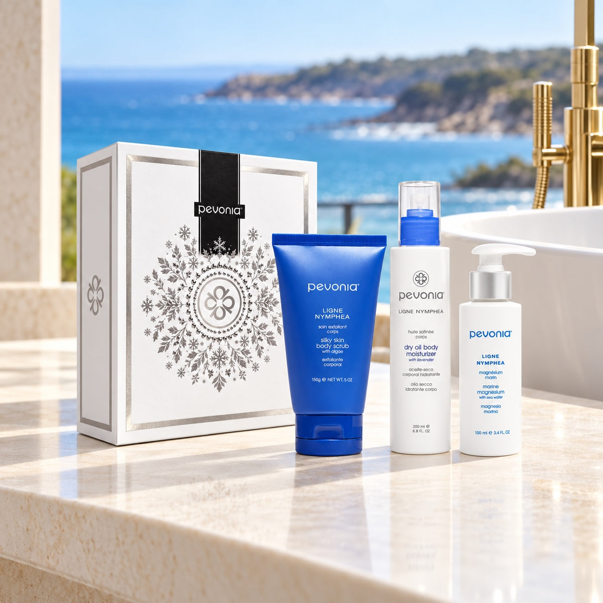 PEVONIA BODY REJUVENATION GIFT BOX in an Australian summer Christmas setting. File: pevonia-body-rejuvenation-gift-box-australian-summer-2026.jpg