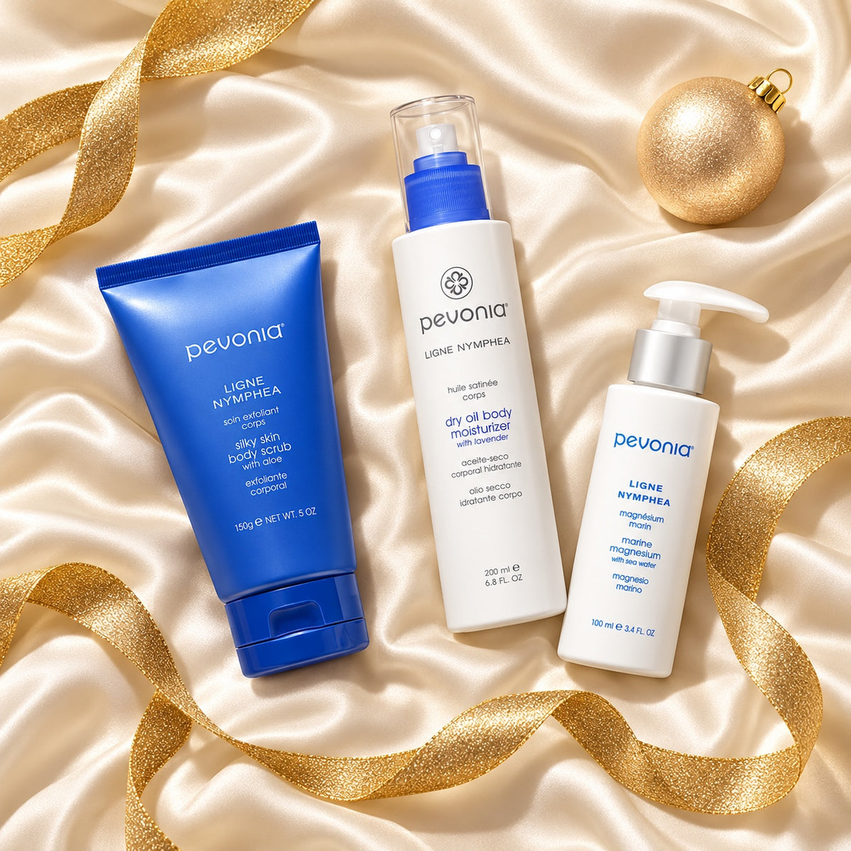PEVONIA BODY REJUVENATION GIFT BOX arranged in a festive flatlay. File: pevonia-body-rejuvenation-gift-box-christmas-flatlay-2026.jpg