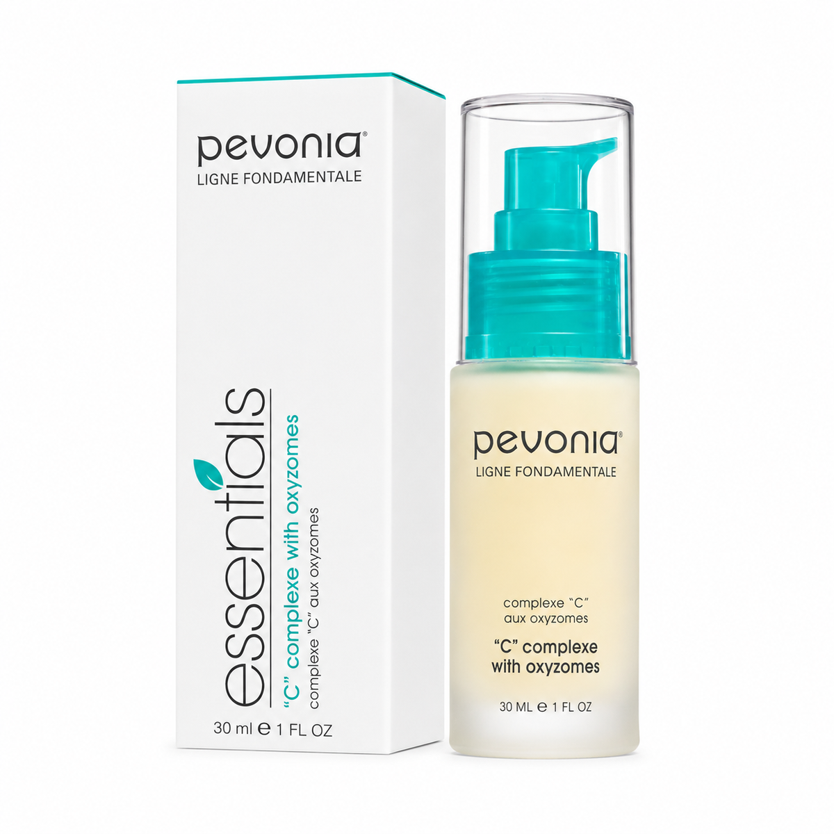 Pevonia C Complex with Oxyzomes 30ml serum bottle and box on clean white background.