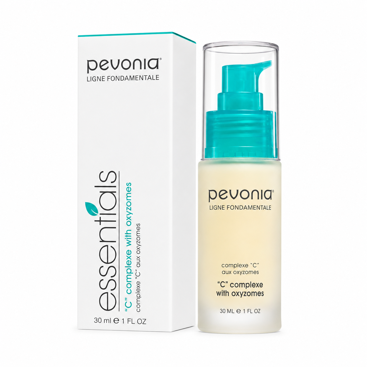 Pevonia C Complex with Oxyzomes 30ml serum bottle and box on clean white background.