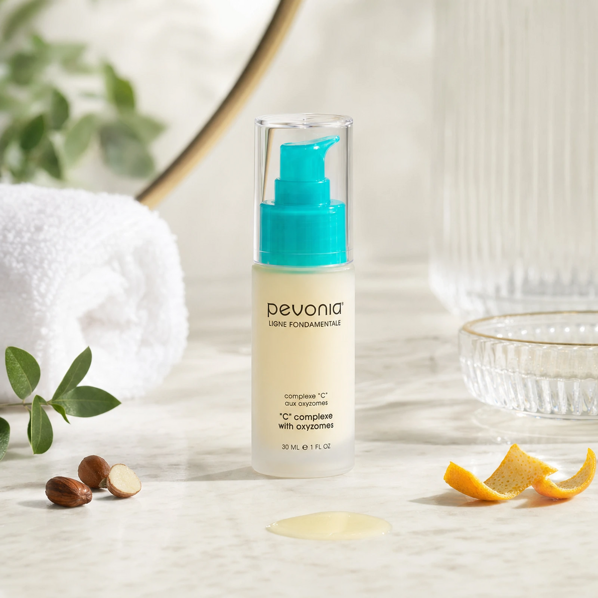 Pevonia C Complexe with Oxyzomes 30ml on a luxury bathroom vanity for dull, uneven and sun-damaged skin