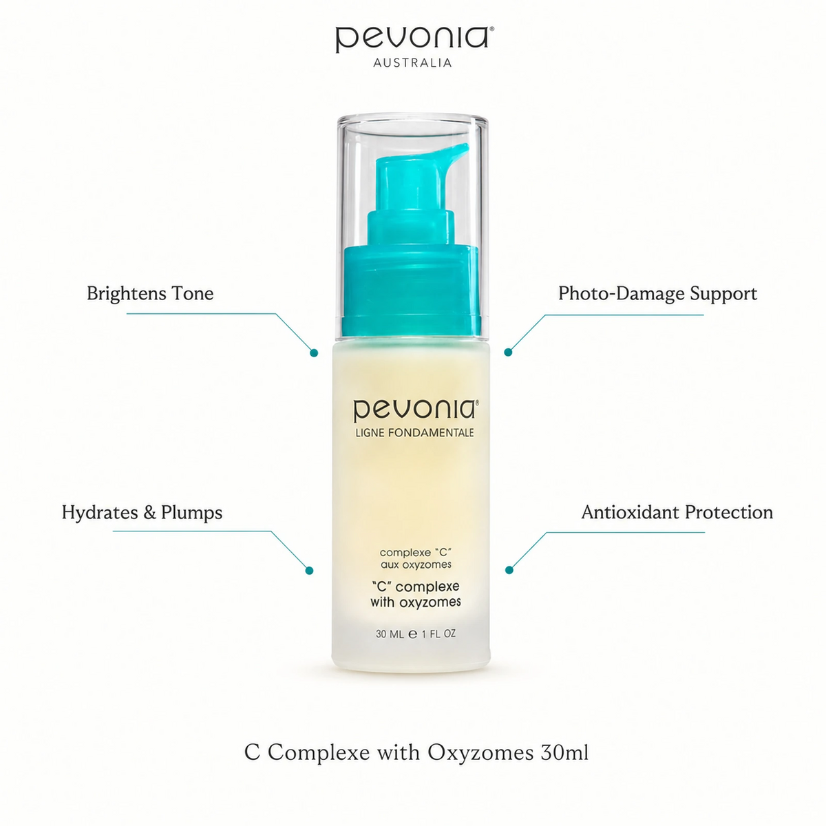 Pevonia C Complexe with Oxyzomes 30ml with benefits for brightening, hydration, photo-damage support and antioxidant protection