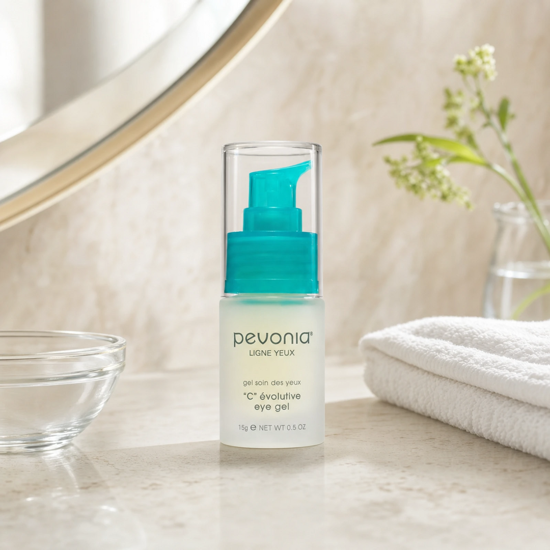 Pevonia C Evolutive Eye Gel 15ml on a luxury bathroom vanity for tired eyes, puffiness and dark circles